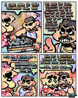 4_panel_comic aloha_shirt anthro arm_hair black_hair body_hair cigar cigarette cigarette_in_mouth clothing dialogue duo facial_hair floppy_ears hair half-closed_eyes jewelry male mustache narrowed_eyes necklace object_in_mouth pattern_clothing pattern_shirt pattern_topwear profanity shirt slightly_chubby slightly_chubby_anthro slightly_chubby_male smile smoking_tobacco speech_bubble tank_top text topwear rawdawgcomics cataldo_(rawdawgcomics) stahli_(rawdawgcomics) bird_dog canid canine canis domestic_dog golden_retriever hunting_dog mammal retriever 4:5 comic english_text hi_res translated