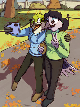 anthro autumn book bottomwear cellphone clothing duo electronics female gesture hand_gesture hoodie outside pants phone selfie smartphone sweater topwear turtleneck v_sign fish_birb disney ducktales ducktales_(2017) sarah_(fish_birb) violet_sabrewing apodiform avian bird hummingbird absurd_res hi_res