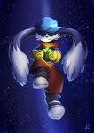 anthro belt black_body black_fur bottomwear clothing eyes_closed floppy_ears footwear fur gem gloves handwear holding_object male red_bottomwear red_clothing ring shoes shorts solo space star white_body white_fur zarakon bandai_namco klonoa_(series) pac-man_(series) klonoa domestic_cat felid feline felis mammal 2022 absurd_res hi_res signature