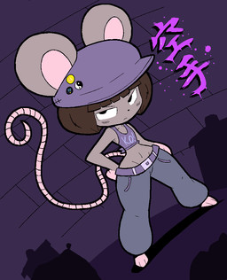 accessory alley anthro bag barefoot black_eyes blush blush_lines bottomwear breasts brown_hair cjk_character clothed clothing crotch_lines denim denim_bottomwear denim_clothing feet female flat_chested food grey_background grey_body hair hat headgear headwear jeans navel pants pin_accessory pin_button shadow shirt simple_background small_breasts solo tail text thick_thighs topwear wide_hips usagibun1 ida_(usagibun1) mammal mouse murid murine rodent 2025 digital_media_(artwork) english_text