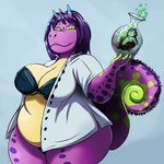 anthro belly bottle bra breasts claws cleavage clothed clothing coat container curled_tail duo facial_horn fangs female fur hair holding_bottle holding_container holding_object horn lab_coat looking_aside looking_at_another male narrowed_eyes nose_horn open_clothing open_coat open_topwear overweight overweight_anthro overweight_female panties scales size_difference slightly_chubby slightly_chubby_anthro slightly_chubby_female smile smirk standing tail teeth topwear underwear shenzel alice_chameleon shenzel_(shenzel) chameleon domestic_cat felid feline felis lizard mammal reptile scalie 1:1 2020 hi_res