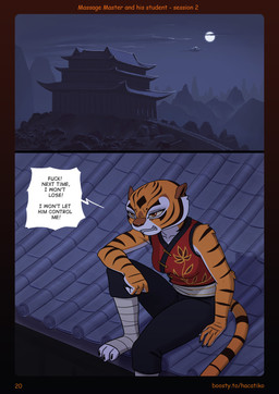 angry anthro bottomwear breasts building clothed clothing dialogue feet female fingers fur moon night on_roof orange_body outside pants profanity sitting solo speech_bubble stripes tail text toes topwear hacatiko dreamworks kung_fu_panda master_tigress felid mammal pantherine tiger comic digital_media_(artwork) english_text hi_res