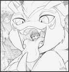 1_horn ambiguous_anthro ambiguous_gender ambiguous_pred ambiguous_prey anthro anthro_pred black_border black_nose border building cheek_markings claw_fingers claws detailed_background detailed_mouth duo extreme_size_difference eyes_closed facial_markings fangs feet_first finger_claws front_view fully_inside fur gaping_mouth head_in_mouth head_markings head_tuft horn house in_throat larger_ambiguous larger_anthro larger_pred macro markings mouth_shot nude open_mouth oral_vore outside plant size_difference sky smaller_ambiguous smaller_prey soft_vore teeth tongue tongue_out tree tuft vore white_body white_fur s2-freak bandai_namco digimon digimon_(species) gabumon gomamon mammal 2020 bust_portrait digital_drawing_(artwork) digital_media_(artwork) greyscale monochrome portrait signature