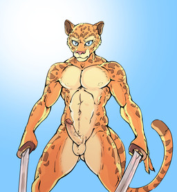 abs anthro balls blue_background claws dual_wielding erection genitals holding_melee_weapon holding_object holding_weapon humanoid_genitalia humanoid_penis looking_at_viewer male melee_weapon muscular muscular_anthro muscular_male navel nipples nude pecs penis simple_background solo standing sword tail weapon ffog atlus megami_tensei sega the_lesser_key_of_solomon ose_(megami_tensei) demon felid leopard mammal pantherine 2021 absurd_res hi_res