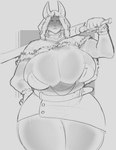 5_fingers anthro belt big_breasts bottomwear breasts cloak clothing eyebrows female fingers front_view frown furgonomic_headwear furgonomic_hood furgonomics hand_on_hip holding_melee_weapon holding_object holding_weapon hood huge_breasts huge_thighs looking_aside melee_weapon mouth_closed narrowed_eyes simple_background skirt solo thick_thighs weapon themercart mammal 2025 absurd_res digital_drawing_(artwork) digital_media_(artwork) hi_res monochrome portrait sketch three-quarter_portrait