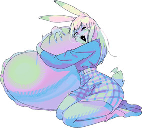 anthro blonde_hair bottomwear clothing eyebrows female footwear hair hug hugging_object hugging_pillow kneeling long_ears long_hair looking_at_viewer one_eye_closed open_mouth open_smile pillow shirt shoes simple_background skirt smile socks solo tail tail_motion tailwag topwear white_background psibunny lagomorph leporid mammal rabbit 2026 hi_res