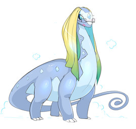 blonde_hair blue_eyes blush eyewear female feral glasses hair solo tail slugbox nintendo pokemon aurorus dinosaur fossil_pokemon generation_6_pokemon pokemon_(species) prehistoric_species reptile sauropod sauropodomorph scalie