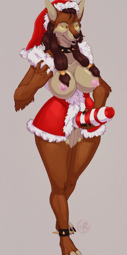 anklet anthro big_breasts breasts brown_hair clothing collar dildo female fur hair hat headgear headwear jewelry long_hair looking_at_viewer nipples sex_toy solo strapon yellow_eyes jaijai blizzard_entertainment warcraft alt canid mammal werecanid werecreature worgen 2015 hi_res