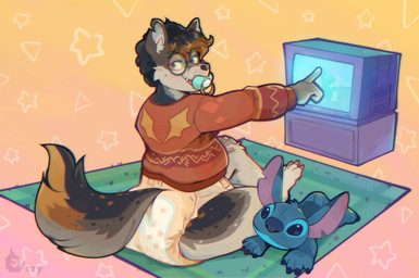 ambiguous_gender anthro black_body black_fur black_nose black_spots black_tail brown_body brown_ears brown_fur brown_spots brown_tail character_plushie claws clean_diaper clothed clothing crt diaper dipstick_tail eyewear fur gesture glasses green_eyewear green_glasses green_pacifier green_rug hand_gesture hand_on_knee hand_on_leg inner_ear_fluff logo looking_back markings mole_(marking) multicolored_body multicolored_fur multicolored_spots multicolored_tail notched_ear object_in_mouth on_rug open_mouth open_smile orange_body orange_claws orange_clothing orange_fur orange_spots orange_sweater orange_tail orange_tail_tip orange_toe_claws orange_topwear pacifier pacifier_in_mouth pattern_background plushie pointing round_glasses rug seam_(sewing) sharp_teeth simple_background sitting smile solo spots spotted_body spotted_fur spotted_markings spotted_tail sweater tail tail_markings tan_body tan_fur tan_inner_ear tan_inner_ear_fluff tan_spots teeth toe_claws topwear tuft wearing_diaper wearing_glasses whisker_spots ozzybear disney lilo_and_stitch bri_(kalash) stitch_(lilo_and_stitch) canid canine canis coyote mammal absurd_res artist_logo hi_res trans_(lore) trans_woman_(lore)