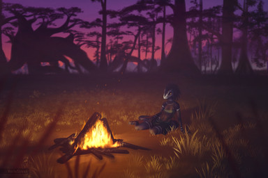 anthro beaded_jewelry beads bodypaint campfire dark_body detailed_background face_paint feather_hair feather_jewelry feathers female grass jewelry plant propped_up pseudo_hair scenery sitting sitting_on_ground solo swamp tree vibrant_background varlastreak microsoft the_elder_scrolls situth_(varlastreak) argonian scalie 3:2 hi_res