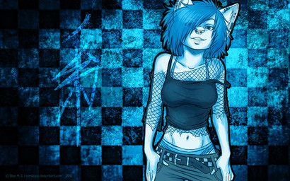 abstract_background anthro blue_hair checkered checkered_background clothing ear_piercing ear_ring female graffiti hair male pattern_background piercing ring_piercing shirt simple_background solo tank_top topwear oomizuao lillith_(oomizuao) domestic_cat felid feline felis mammal 16:10 hi_res restricted_palette wallpaper widescreen