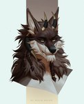 absurd_res anthro black_horn black_nose brown_body brown_fur bust_portrait canid cheek_tuft chin_tuft facial_tuft fangs fur glistening glistening_eyes hi_res horn male mammal marie_merkh mouth_closed narrowed_eyes portrait solo teeth tuft white_body white_fur yellow_eyes