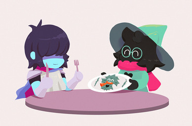 anthro black_body black_fur clothing cutlery duo eyes_closed eyewear fork fur furniture glasses hat headgear headwear heart_symbol kitchen_utensils knife scarf simple_background table tools white_background scottcok deltarune undertale_(series) kris_dreemurr ralsei bovid caprine goat human mammal
