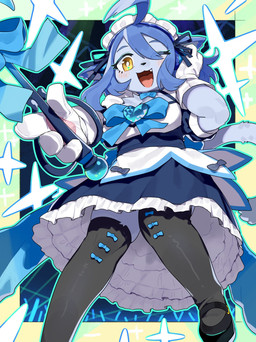 anthro biped black_clothing black_legwear black_thigh_highs blush breasts clothed clothed_anthro clothed_female clothing dress female fingers footwear front_view fur gloves hair handwear legwear looking_at_viewer maid_uniform shoes simple_background smile solo tail teeth thigh_highs tongue uniform white_clothing white_gloves white_handwear kame_3 domestic_cat felid feline felis mammal 2026 digital_drawing_(artwork) digital_media_(artwork) hi_res