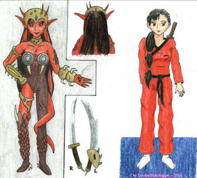 3_horns 5_fingers armor belt bio_in_description black_belt black_hair black_sclera blue_floor bottomwear bra_armor bracelet brown_armor brown_eyes character_bio clothing collar female fingers footwear front_view grey_background grimace hair horn human_disguise jewelry keikogi long_hair martial_arts_uniform melee_weapon metal_bra mouth_closed multi_horn pants pink_text pointy_ears red_bottomwear red_clothing red_hair red_keikogi red_pants scrunch simple_background socks solo spiked_bracelet spikes sportswear standing sword text weapon white_background white_clothing white_footwear white_socks zoe-the-pink-ranger power_rangers fan_character venomica_(zoe-the-pink-ranger) demon demon_humanoid human humanoid mammal 2014 crayon_(artwork) english_description english_text full-length_portrait hi_res portrait signature story story_at_source story_in_description traditional_media_(artwork)