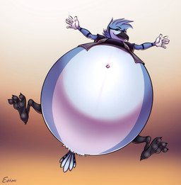 3_toes 5_fingers anthro avian_feet beak belly big_belly black_beak black_eyebrows black_talons blue_body clothed clothing eyebrows feathers feet fingers green_eyes inflation male multicolored_body navel shirt solo tail tail_feathers toes topwear dark_ethna avian bird hi_res