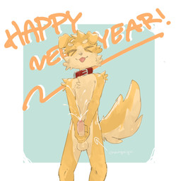 >_< anthro arm_tuft balls blush bodily_fluids body_blush chest_tuft collar cum cumshot ejaculation erection eyebrows eyes_closed facial_tuft floppy_ears fluffy fluffy_tail foreskin fur genital_fluids genitals holidays humanoid_genitalia humanoid_penis kemono male masturbation nude_anthro nude_male penile penile_masturbation penis penis_blush penis_grab red_collar shoulder_tuft simple_background solo standing tail tan_balls tan_body tan_eyebrows tan_fur tan_penis tuft white_background yellow_body yellow_fur young young_anthro young_male regcron new_year crowl_(regcron) canid canine canis domestic_dog mammal 1:1 2026 hi_res portrait three-quarter_portrait