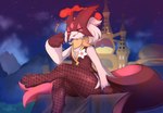 anthro clothed clothing dynamax eyes_closed female fishnet_clothing fishnet_legwear grey_body legwear macro sitting smile solo tail tongue tongue_out ingi nintendo pokemon generation_9_pokemon meowscarada pokemon_(species) 2023 hi_res