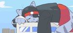 anthro clothed clothing eye_patch eyewear macro male sleeping solo train vehicle shinogiu bemani konami pop'n_music kagetora_(pop'n_music) felid mammal pantherine tiger