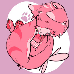 abstract_background ambiguous_gender anthro bandage bandage_on_face beret blue_claws claws clothing curled_up digitigrade eyes_closed fur hat headgear headwear kerchief lying markings mostly_nude neckerchief neckwear on_side pink_body pink_clothing pink_fur pink_hat pink_headwear pointy_ears sleeping solo wristband yzmycl canid canine mammal digital_drawing_(artwork) digital_media_(artwork) flat_colors hi_res