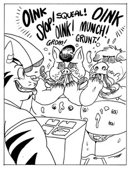 anthro bodily_fluids ear_piercing eating eating_food facial_piercing food genitals group hooves hot_dog hypnosis ill-fitting_clothing male mind_control moobs multi_nipple nipples nose_piercing obese overweight penis piercing septum_piercing smile spiral spiral_eyes stuffing sweat transformation trio weight_gain billy_fore domestic_pig felid mammal pantherine suid suine sus_(pig) hi_res monochrome