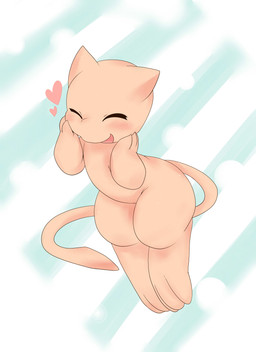ambiguous_gender anthro blue_background blush eyes_closed fur heart_symbol open_mouth pattern_background pink_body pink_fur simple_background smile solo tail white_background nekonade nintendo pokemon generation_1_pokemon legendary_pokemon mew_(pokemon) pokemon_(species) absurd_res hi_res