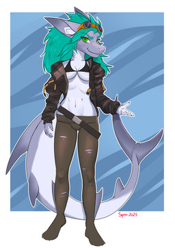anthro areola areola_slip bottomwear bra breasts clothed clothing eyewear eyewear_on_head female goggles goggles_on_head hair jacket looking_at_viewer navel open_clothing open_jacket open_topwear simple_background smile solo tail topwear underwear synnfultiger aquatic fish mammal shark absurd_res digital_media_(artwork) hi_res
