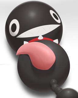 animal_genitalia big_penis blank_expression blank_stare bodily_fluids collar feral genitals lying male nude penis sharp_teeth simple_background smile solo tail tapering_penis teeth spicymeat mario_bros nintendo super_mario_sunshine chain_chomp chain_chomplet absurd_res digital_media_(artwork) hi_res