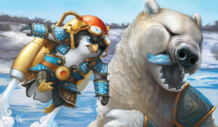 armor beak duo eyes_closed eyewear fight goggles headgear helmet ice jet_pack outside parody pauldron punch semi-anthro snarling tongue tongue_out alradeck conditional_dnp hasbro magic:_the_gathering wizards_of_the_coast avian bear bird mammal penguin polar_bear ursine official_art signature