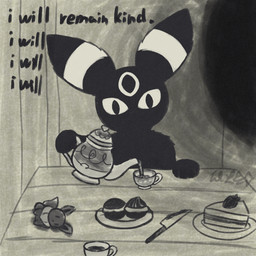 ambiguous_gender anthro black_body black_fur cake dessert food fur knife plushie poke_puff solo stare text sylvpak nintendo pokemon eevee eeveelution generation_1_pokemon generation_2_pokemon pokemon_(species) umbreon 1:1 2026 english_text