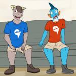 anthro anthrofied blue_body bottomwear brown_body clothing duo footwear looking_at_viewer male open_mouth orange_body pokemorph shirt shoes shorts sitting t-shirt topwear white_body fuze nintendo pokemon gao_(fuze) amphibian generation_1_pokemon generation_3_pokemon kangaskhan mammal marshtomp marsupial pokemon_(species) 1:1 hi_res