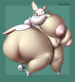 ambiguous_gender anthro big_breasts big_butt breasts butt duo extreme_size_difference female huge_breasts huge_butt hyper hyper_butt looking_at_viewer size_difference thick_arms toonyjuice nintendo pokemon generation_5_pokemon generation_6_pokemon mega_audino mega_evolution oshawott pokemon_(species) 2026 absurd_res hi_res signature