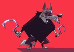 anthro black_nose bottomwear cloak clothing dual_wielding fur grin holding_object holding_weapon male pants red_background red_eyes sharp_teeth sickle simple_background smile solo standing teeth weapon stellizard dreamworks puss_in_boots_(franchise) death_(puss_in_boots) canid canine canis mammal wolf hi_res