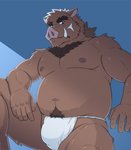 anthro asian_clothing belly blue_background brown_body brown_fur bulge clothing east_asian_clothing fundoshi fur humanoid_hands japanese_clothing kemono male moobs nipples overweight overweight_anthro overweight_male simple_background solo underwear jacklantern_11 mammal suid suine sus_(pig) wild_boar 2020