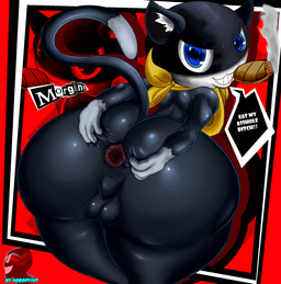 anthro anus backsack balls bent_over big_butt black_body black_fur blue_eyes bubble_butt butt butt_focus cigarette command dialogue exclamation_point fur genitals hand_on_butt huge_butt insult insulting_viewer kerchief looking_at_viewer looking_back male markings mask neckerchief neckwear nude presenting presenting_anus presenting_hindquarters profanity raised_tail smile solo spread_anus spread_butt spreading tail tail_markings teeth text thick_thighs white_body white_fur wide_hips nobody147 atlus megami_tensei persona_(series) persona_5 sega morgana_(persona) domestic_cat felid feline felis mammal tuxedo_cat digital_media_(artwork) english_text hi_res