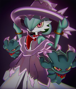 ambiguous_gender chest_spike clothing dress gold_(metal) gold_jewelry green_body green_hair group hair hat headgear headwear jewelry pseudo_clothing purple_clothing red_eyes smile spikes spikes_(anatomy) trio white_body witch_hat yellow_sclera sublender1234 nintendo pokemon gardevoir generation_2_pokemon generation_3_pokemon humanoid misdreavus pokemon_(species) 2025 3d_(artwork) blender_(artwork) digital_media_(artwork) hi_res