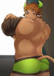 alternate_species anthro brown_body brown_clothing brown_fur brown_hair brown_shirt brown_topwear butt clothed clothing fur furrification green_clothing green_underwear hair horn male muscular muscular_anthro muscular_male partially_clothed pecs shirt solo topwear underwear undressing hisbam_hisbam lifewonders tokyo_afterschool_summoners wakan_tanka_(tas) bovid bovine mammal true_buffalo hi_res