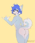absurd_res anthro ass_up bedroom_eyes blue_body blue_fur blue_hair butt canid canine canis caracalpilot cheek_tuft chest_tuft curled_tail digitigrade domestic_dog facial_tuft fangs fur hair half-closed_eyes hi_res inner_ear_fluff male mammal narrowed_eyes nude pattern_background presenting presenting_hindquarters raised_tail seductive simple_background smile smirk smug smug_face smug_grin solo tail teeth tuft white_body white_fur yellow_background