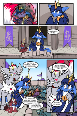 5_panel_comic ambiguous_gender black_nose black_text blue_body blue_fur blue_hair blue_scarf blue_wings bowing cheek_tuft clenched_teeth crown day dialogue dipstick_tail ellipsis eyes_closed facial_tuft feathered_wings feathers feral flag fluffy fluffy_tail fur grey_body group hair headgear horn inner_ear_fluff jewelry looking_at_another markings multi_tail neck_tuft open_mouth open_smile outside paws pendant pupils quadruped queen question_mark red_eyes red_tail_tip royalty scales scarf shadow sharp_teeth slit_pupils smile speech_bubble tail tail_markings talking_to_another teeth text tongue tuft wall_(structure) white_body white_fur white_sclera wings yellow_eyes virmir miyo_(rain_burn) roko_kirihoko saida suzocon canid canine couatl feathered_scalie feathered_snake fox fox_spirit mammal reptile scalie snake 2026 2:3 absurd_res comic english_text hi_res signature female_(lore) male_(lore)