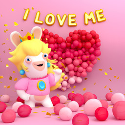 anthro arms_bent balloon blonde_hair blue_ear_piercing blue_eyes bottomless bottomless_anthro bottomless_female buckteeth clothed clothed_anthro clothed_female clothing confetti confident confident_female crown ear_piercing featureless_crotch featureless_legs female fur gem gesture hair hand_gesture hand_on_hip hand_on_own_hip headgear holidays inflatable inside light long_hair looking_at_viewer mitten_hands multicolored_body narrowed_eyes noseless piercing pink_clothing pink_shirt pink_topwear pink_wall pointing pointing_at_self red_tongue ruby_(gem) sapphire_(gem) shirt short_legs smile smiling_at_viewer solo squint standing tan_eyelids tan_inner_ear teeth text tongue topwear two_tone_body wall_(structure) white_body white_fur perrine_lozinguez mario_bros mario_plus_rabbids_kingdom_battle nintendo raving_rabbids rayman_(series) ubisoft valentine's_day rabbid_peach lagomorph mammal rabbid 1:1 2019 3d_(artwork) adobe_photoshop_(artwork) autodesk_maya_(artwork) colored crossover digital_media_(artwork) english_description english_text hi_res lighting official_art shaded substance_painter_(artwork)