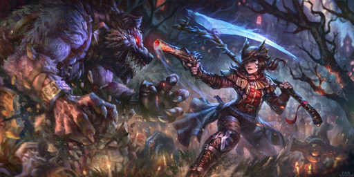 action_pose angry anthro armband axe battle biceps big_muscles blue_body blue_fur boots brown_hair building candle cape cemetery clothed clothing detailed_background duo eye_contact fangs female fight footwear forest full_moon fully_clothed fur glowing glowing_eyes gun hair hat headgear headwear holding_object holding_weapon long_hair looking_at_another magic male melee_weapon moon muscular muscular_male night open_mouth outside plant polearm pose ranged_weapon red_eyes sharp_teeth shoes size_difference sky teeth tree weapon yan_kyohara mythology canid canine canis human mammal mythological_canine mythological_creature werecanid werecanine werecreature werewolf wolf 2017 detailed digital_media_(artwork) hi_res official_art