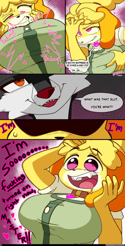 anthro big_breasts big_ears bite biting_lip biting_own_lip black_body black_fur black_nose blonde_hair bodily_fluids brainwashing breast_grab breast_squish breasts cheating_girlfriend clothed clothing collar collar_tag collared_shirt corruption dialogue dominant dominant_male dress_shirt dripping drooling duo enchanted_item enchantment evil_face evil_grin evil_look excited excited_expression excited_female eyelashes female floppy_ears fur glowing hair hand_on_breast hand_on_face hand_on_head hand_on_own_head heart_eyes heart_pupils heart_symbol heart_tag heartbeat holding_breast hypnosis imminent_sex infidelity looking_down looking_pleasured looking_up magic magic_user male male/female master mind_alteration mind_control open_mouth orange_eyes personality_change pink_eyes ponytail profanity red_nose saliva saliva_drip saliva_on_face self_bite shadow shadow_face shadowed_eyes sharp_teeth shirt short_sleeves shortstack shortstack_female shuddering simple_background size_difference slave smile smug smug_expression smug_eyes smug_face speech_bubble squish submissive submissive_female talking_to_another tan_body tan_fur teeth tongue topwear white_body white_fur yellow_body yellow_fur glowhorn animal_crossing nintendo artifact_the_fox isabelle_(animal_crossing) canid canine fox mammal absurd_res comic hi_res