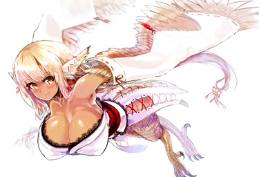 armwear avian_feet big_breasts blush breasts cleavage clothed clothed_female clothing dark_body dark_skin detached_sleeves feathered_wings feathers female furgonomics simple_background smile solo white_background wings jade_hpy european_mythology greek_mythology mythology animal_humanoid avian harpy humanoid mythological_avian mythological_creature