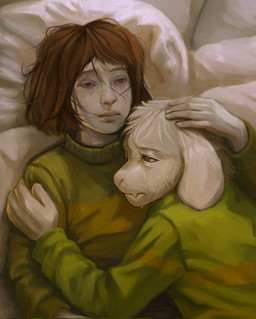 4_fingers 5_fingers ambiguous_gender anthro bared_fangs bed biped bodily_fluids clothing corpse crying duo fingers fur furniture green_clothing green_sweater green_topwear lying lying_on_bed male on_bed sweater tears topwear white_body white_fur white_skin ncromania undertale undertale_(series) asriel_dreemurr chara_(undertale) bovid caprine goat human mammal 2025 hi_res young_(lore)