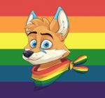 anthro blue_body blue_eyes blue_fur clothing fur kerchief lgbt_pride looking_at_viewer orange_body orange_fur pride_color_background pride_color_clothing pride_colors rainbow rainbow_pride_clothing rainbow_pride_colors rainbow_symbol simple_background six-stripe_rainbow_pride_colors solo white_body white_fur tony_lobodongo felix_silverclaw canid canine fox mammal 2018 absurd_res headshot_portrait hi_res portrait