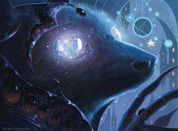 ambiguous_feral ambiguous_gender astronomy big_eyes black_body black_fur building clothed clothed_feral clothing copyright_symbol feral fur gem glistening glistening_eyes glowing glowing_eyes headgear headwear long_fingers looking_aside night orrery ring ring_(jewelry) sky snout solar_system solo star star_eyes starry_sky symbol text wide_eyed serena_malyon hasbro magic:_the_gathering wizards_of_the_coast bat mammal 2024 artist_name copyright_name english_description headshot_portrait mixed_media official_art painting_(artwork) portrait watercolor_(artwork)