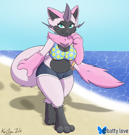 anthro beach big_breasts bikini bikini_bulge bottomwear breasts clothing fluffy fluffy_tail fur herm intersex looking_at_viewer pink_body pink_fur shorts sky solo swimwear tail thick_thighs two-piece_swimsuit water kerilyn nintendo pokemon celes_nyx generation_1_pokemon generation_7_pokemon hybrid legendary_pokemon mewtwo pokemon_(species) zeraora 2026 hi_res signature