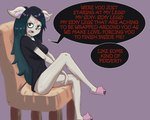 anthro blue_hair breasts chair clothing dialogue fangs female footwear furniture hair parody seductive shoes sitting slippers solo teeth text anonymous_artist cartoon_hangover the_summoning claire_(the_summoning) domestic_cat felid feline felis mammal 2024 english_text hi_res