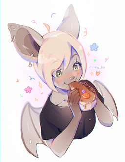 anthro blush cake cheesecake dessert femboy food furgonomic_piercing furgonomics high-angle_view nom piercing small_wings solo wings frenky_hw chichi_(frenky_hw) bat mammal bust_portrait hi_res portrait male_(lore)