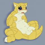 1:1 anthro balls barefoot biped blue_eyes blush claws embarrassed feet flaccid foreskin generation_1_pokemon genitals hi_res humanoid_genitalia humanoid_penis male mammal navel nintendo nude open_mouth partially_retracted_foreskin penis pokemon pokemon_(species) posexe sandshrew simple_background sitting solo spread_legs spreading toe_claws tongue yellow_body yellow_skin
